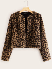Open Front Leopard Print Fuzzy Coat
