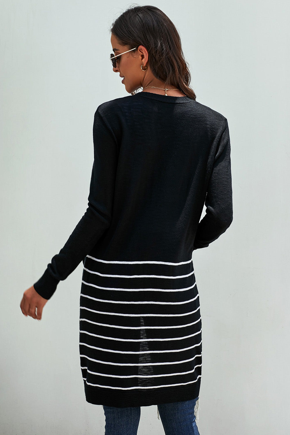 Open Front Long Sleeve Striped Cardigan