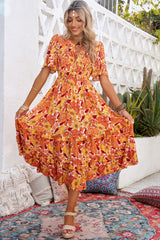 Orange Bohemian Flutter Sleeve Floral Dress