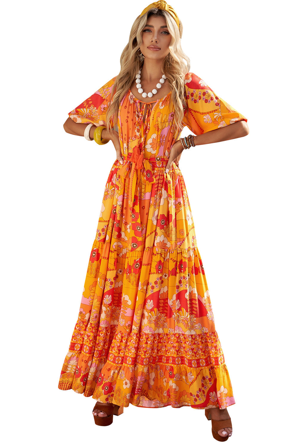 Orange Boho Empire Waist Floral Long Dress
