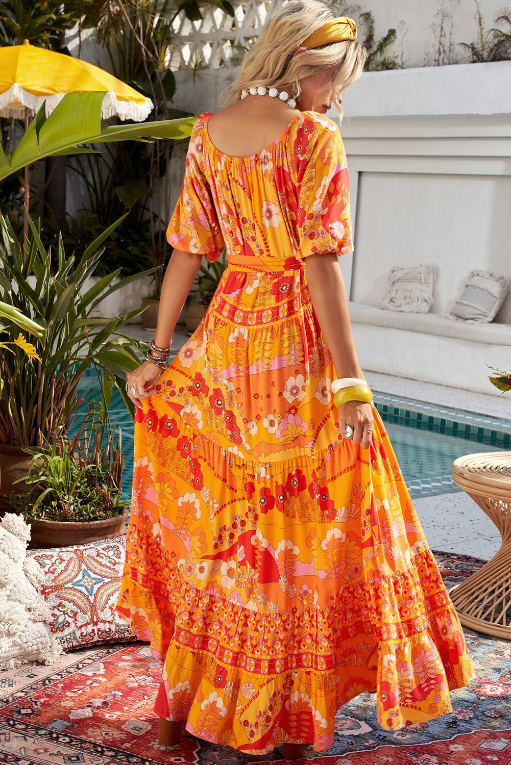 Orange Boho Empire Waist Floral Long Dress