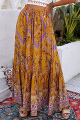 Orange Boho Floral Print Ruffled Elastic High Waist Maxi Skirt