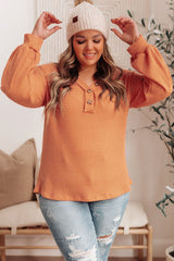 Orange Buttoned V Neck Waffle Knit Plus Size Top