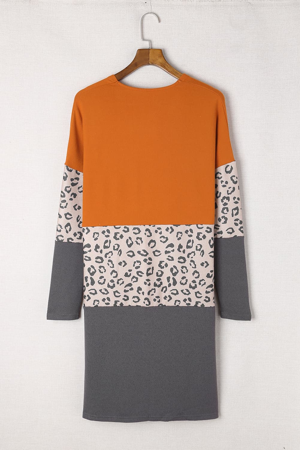 Orange Colorblock Leopard Print Patchwork Knit Cardigan