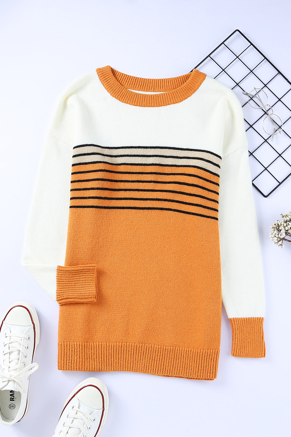 Orange Colorblock Striped Crew Neck Sweater