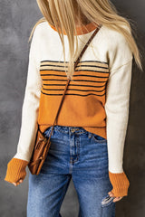 Orange Colorblock Striped Crew Neck Sweater
