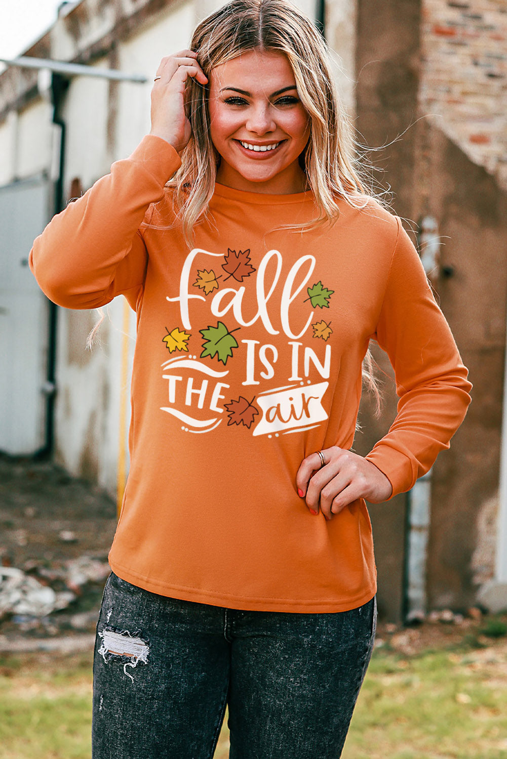 Orange Fall Is In The Air Printed Pullover Long Sleeve Top