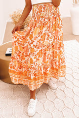 Orange Floral Print Smocked High Waist A-Line Maxi Skirt