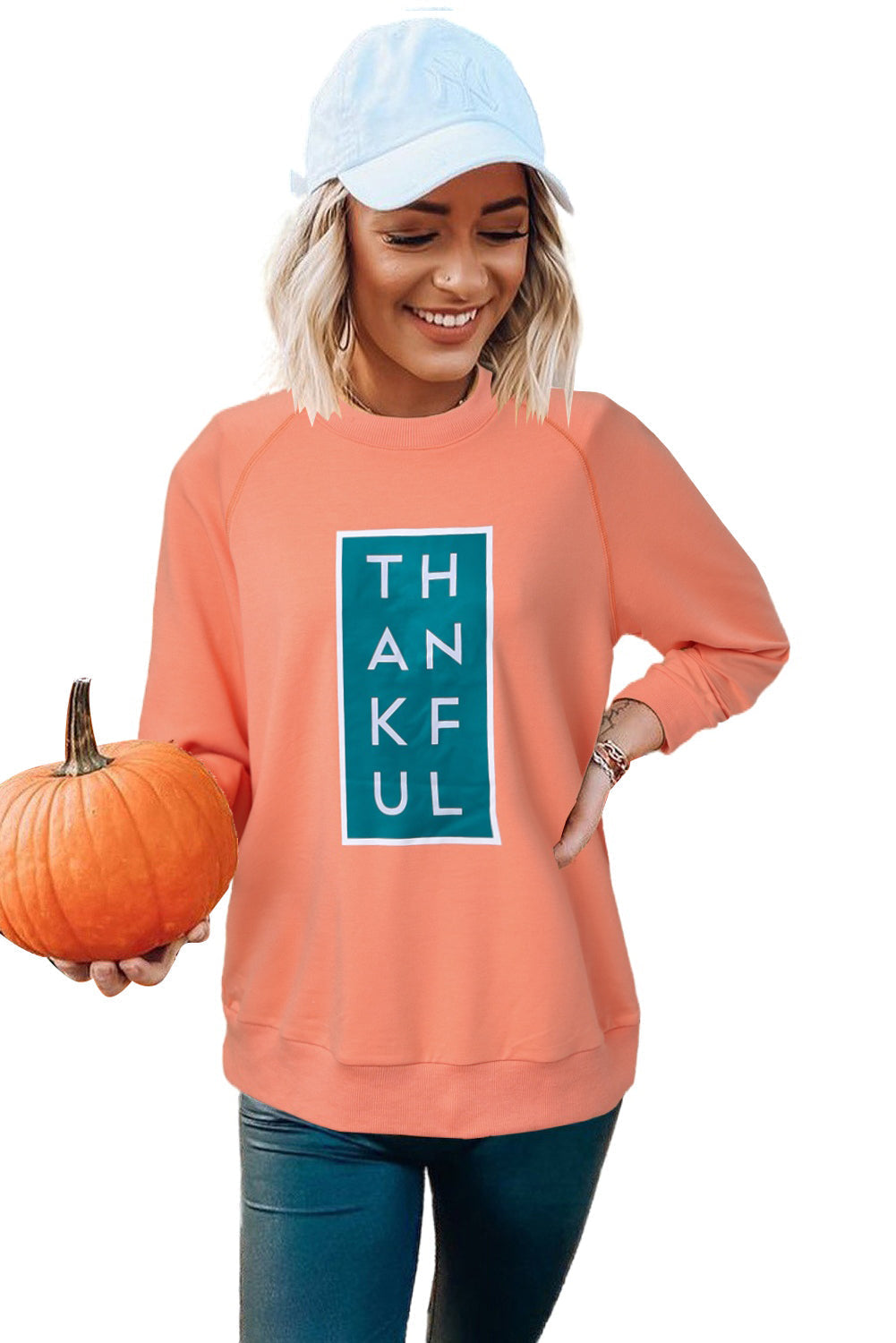 Orange Halloween Raglan Thankful Graphic Sweatshirt