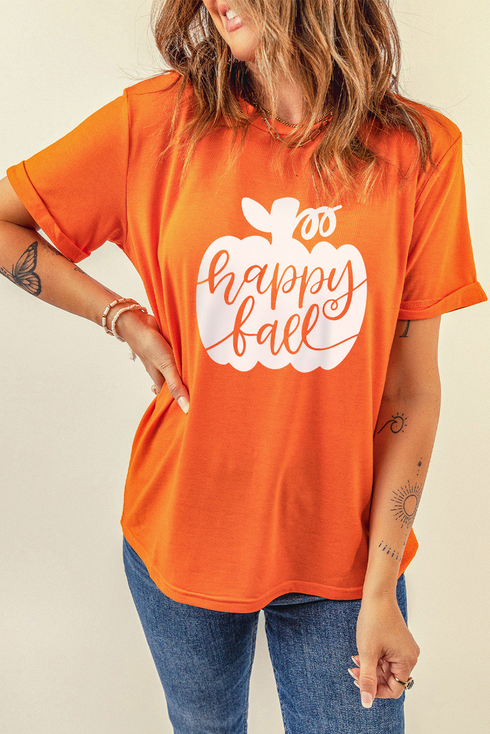 Orange Happy Fall Pumpkin Graphic Short Sleeve Top