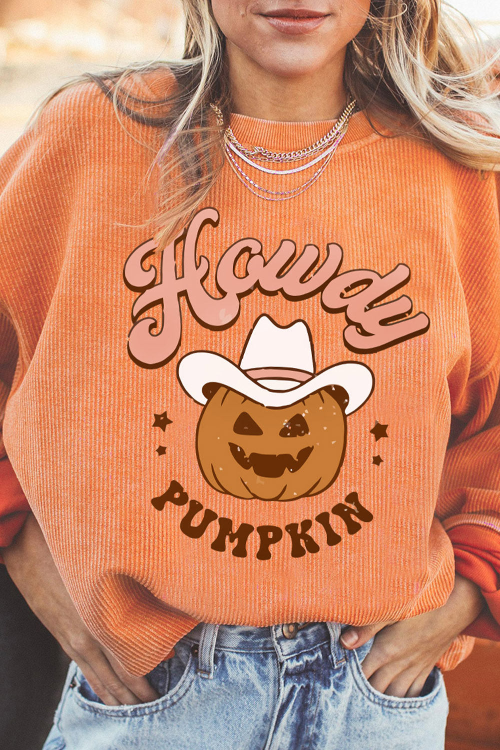 Orange Howdy Pumpkin Halloween Graphic Corded Sweatshirt