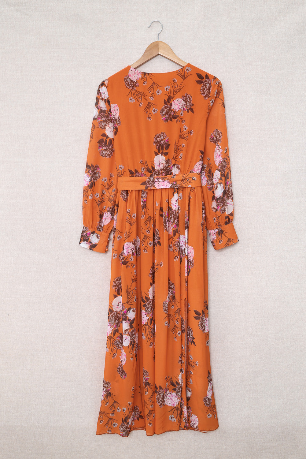 Orange Orange Floral Print Lace-Up Ruffled V Neck Maxi Dress With A Slit