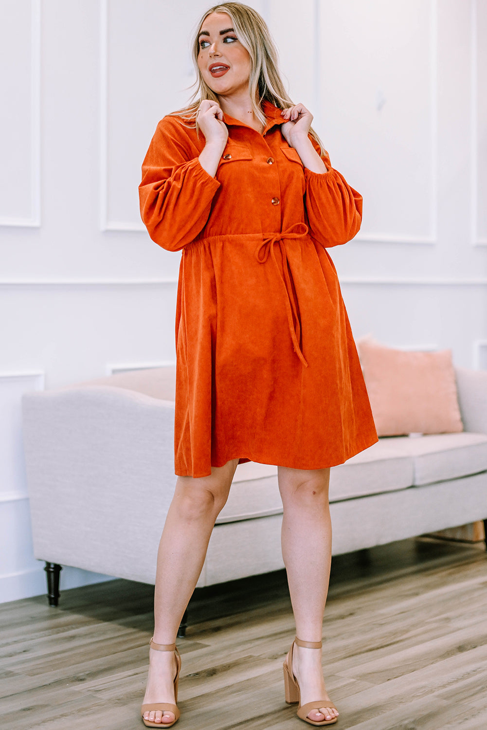 Orange Plus Size High Waist Corduroy Dress