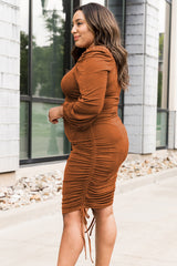 Orange Plus Size Ruched Drawstring Bodycon Dress