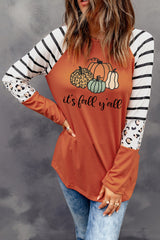 Orange Pumpkin Graphic Leopard Striped Long Sleeve Top