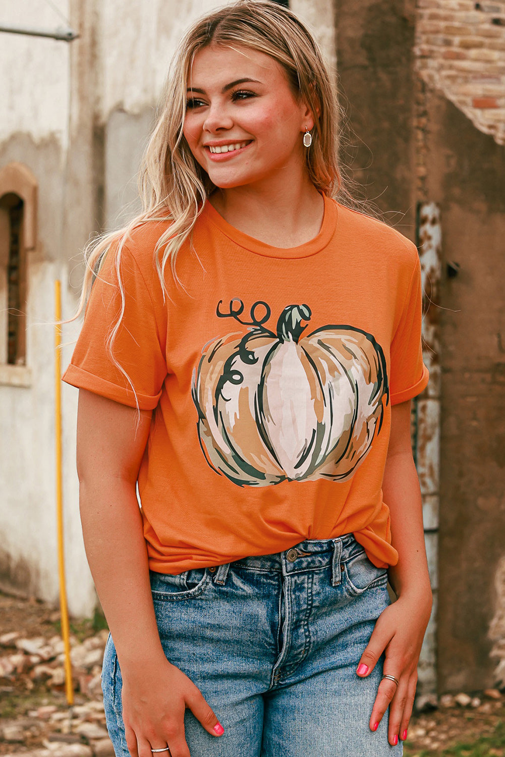 Orange Pumpkin Graphic Print Crew Neck T Shirt