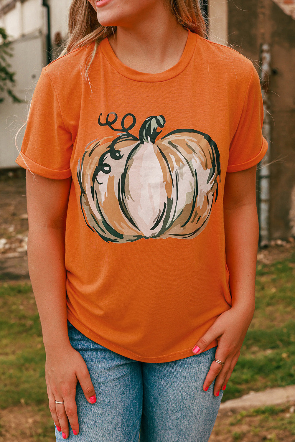 Orange Pumpkin Graphic Print Crew Neck T Shirt