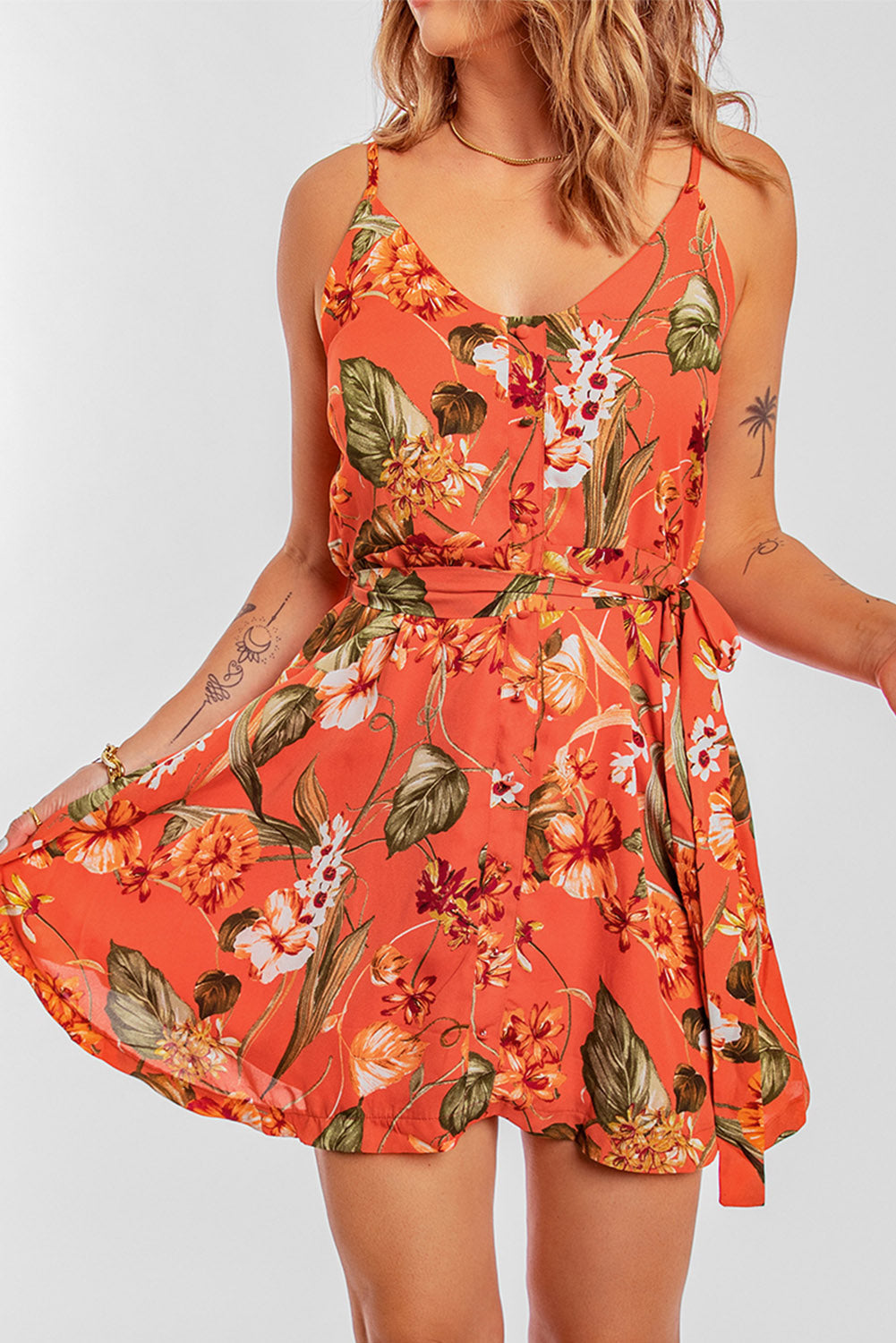 Orange Sleeveless A-Line Floral Dress