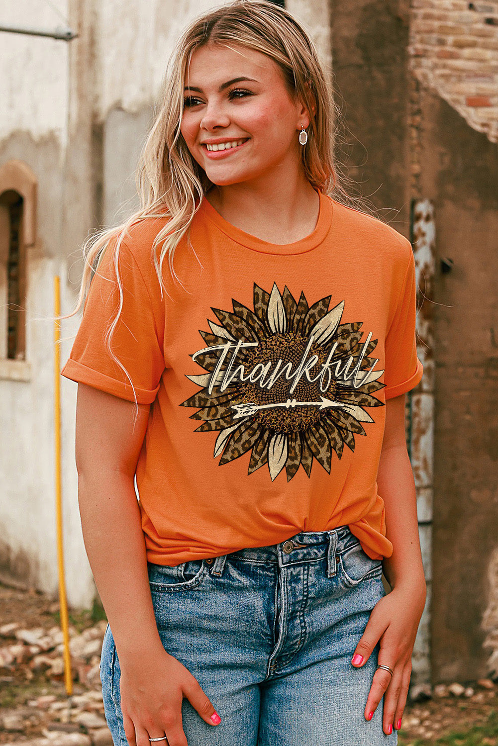Orange Thankful Sunflower Graphic Print Short Sleeve T Shirt