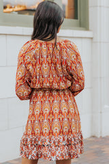 Orange Western Pattern Print Lantern Sleeve Drawstring Mini Dress