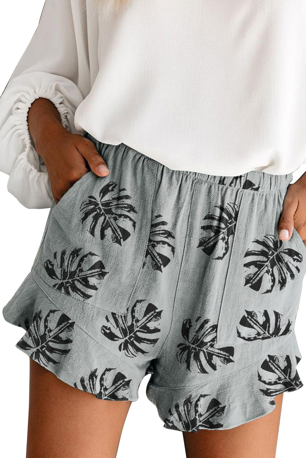 Palm Tree Leaves Print Elastic Waist Shorts With Pocket