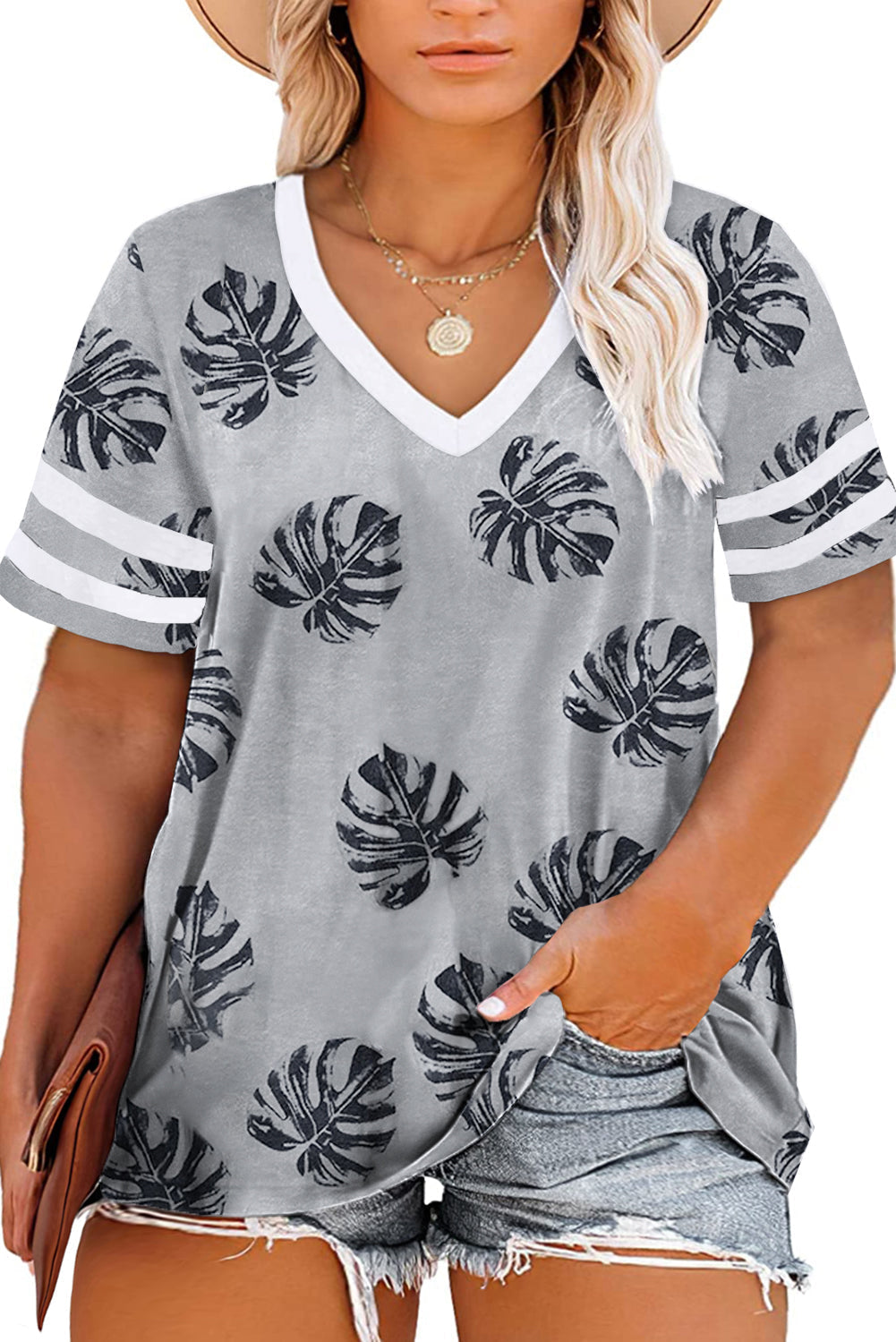 Palm Tree Leaves Print Striped Short Sleeve V Neck T-Shirt