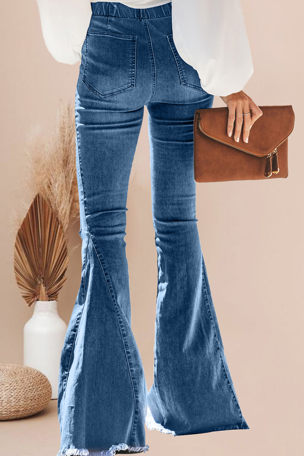 Patchwork Bell Bottom Jeans With Frayed Hem