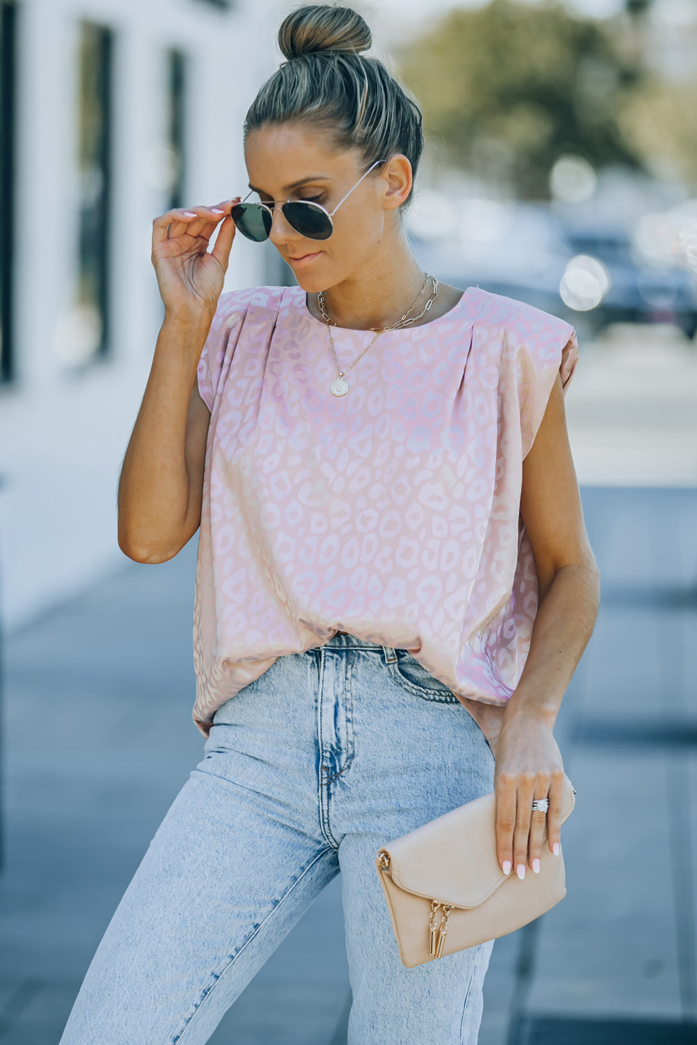 Pink Leopard Pleated Cap Sleeve Top