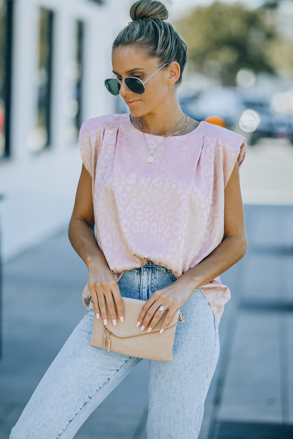 Pink Leopard Pleated Cap Sleeve Top