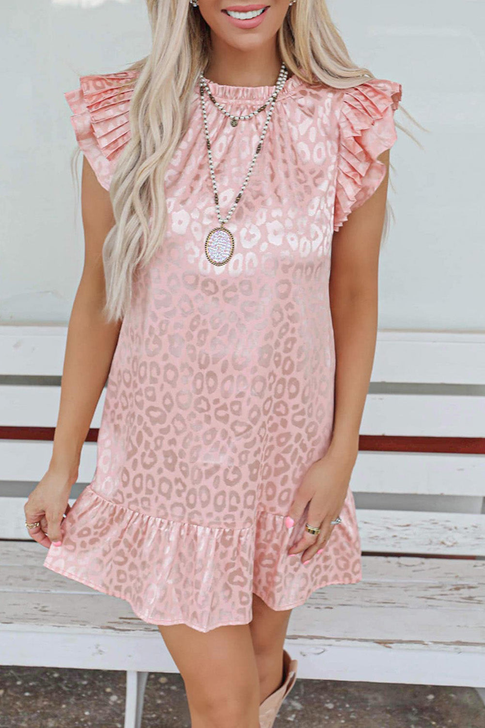 Pink Leopard Satin Ruffled Mini Dress