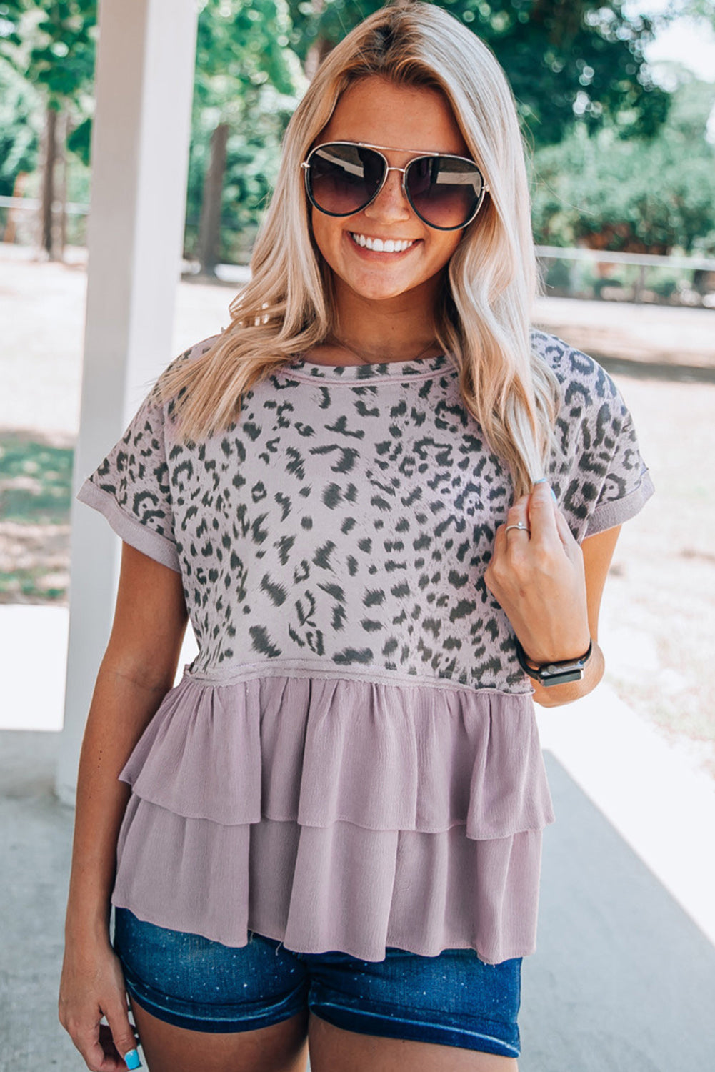Pink Leopard Tiered Ruffle Short Sleeve Top