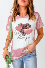 Pink Love Always Heart Leopard Bleached Print Graphic T Shirt