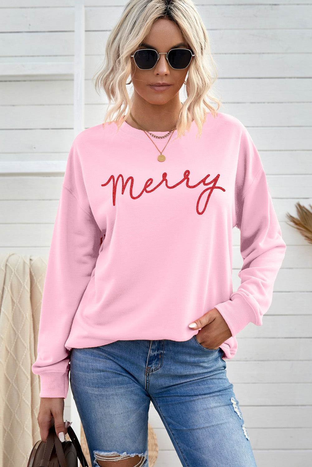 Pink Merry Letter Print Long Sleeve Pullover Sweatshirt