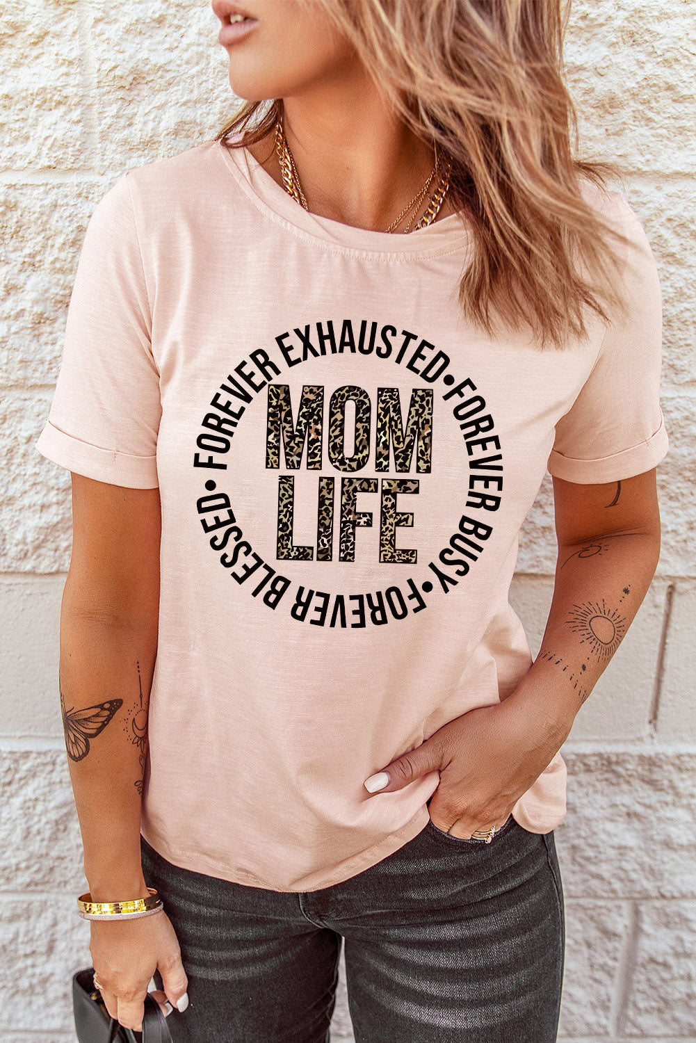 Pink Mom Life Letter Leopard Print Short Sleeve T Shirt