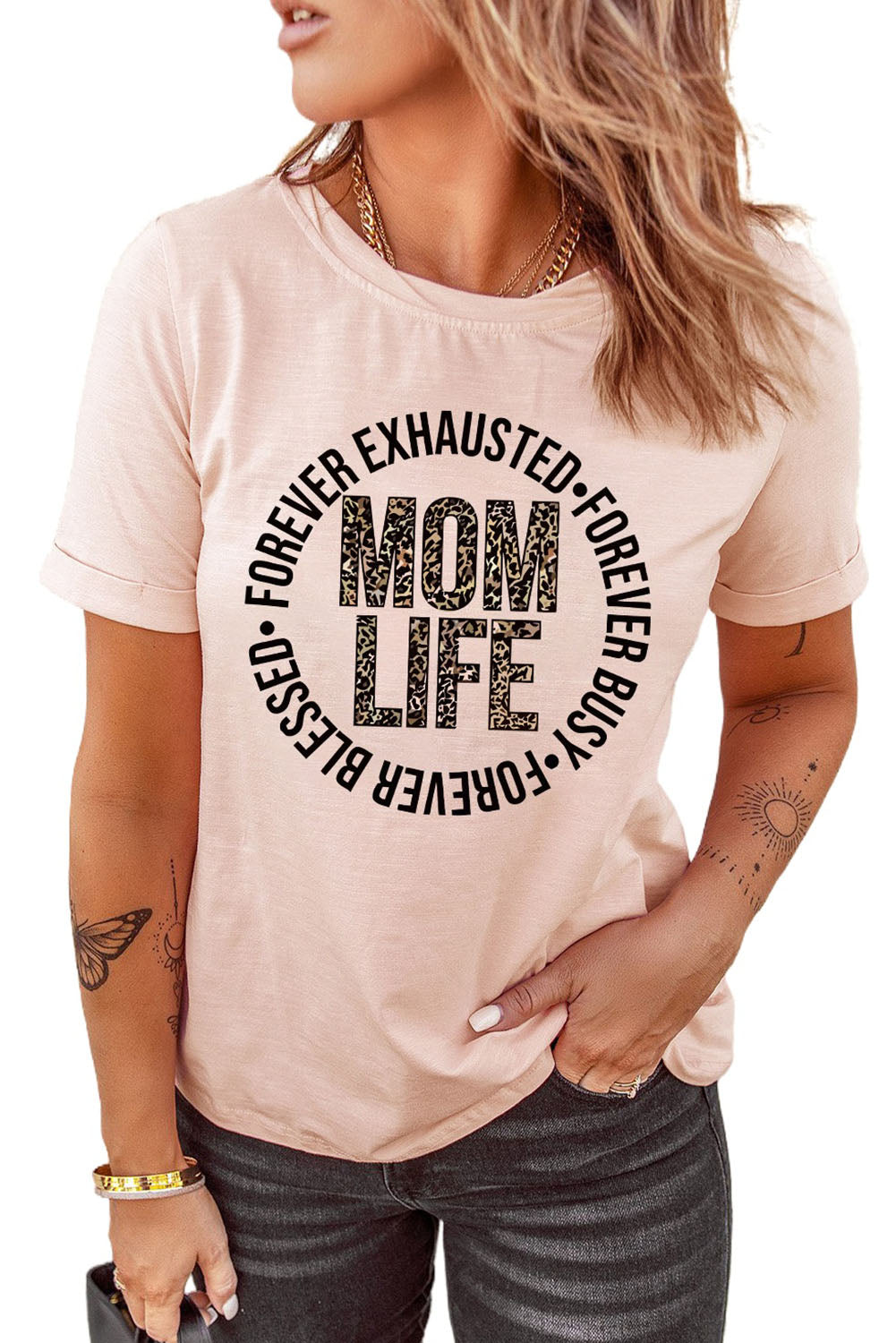 Pink Mom Life Letter Leopard Print Short Sleeve T Shirt