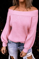Pink Off The Shoulder Ribbed Knitted Sweater