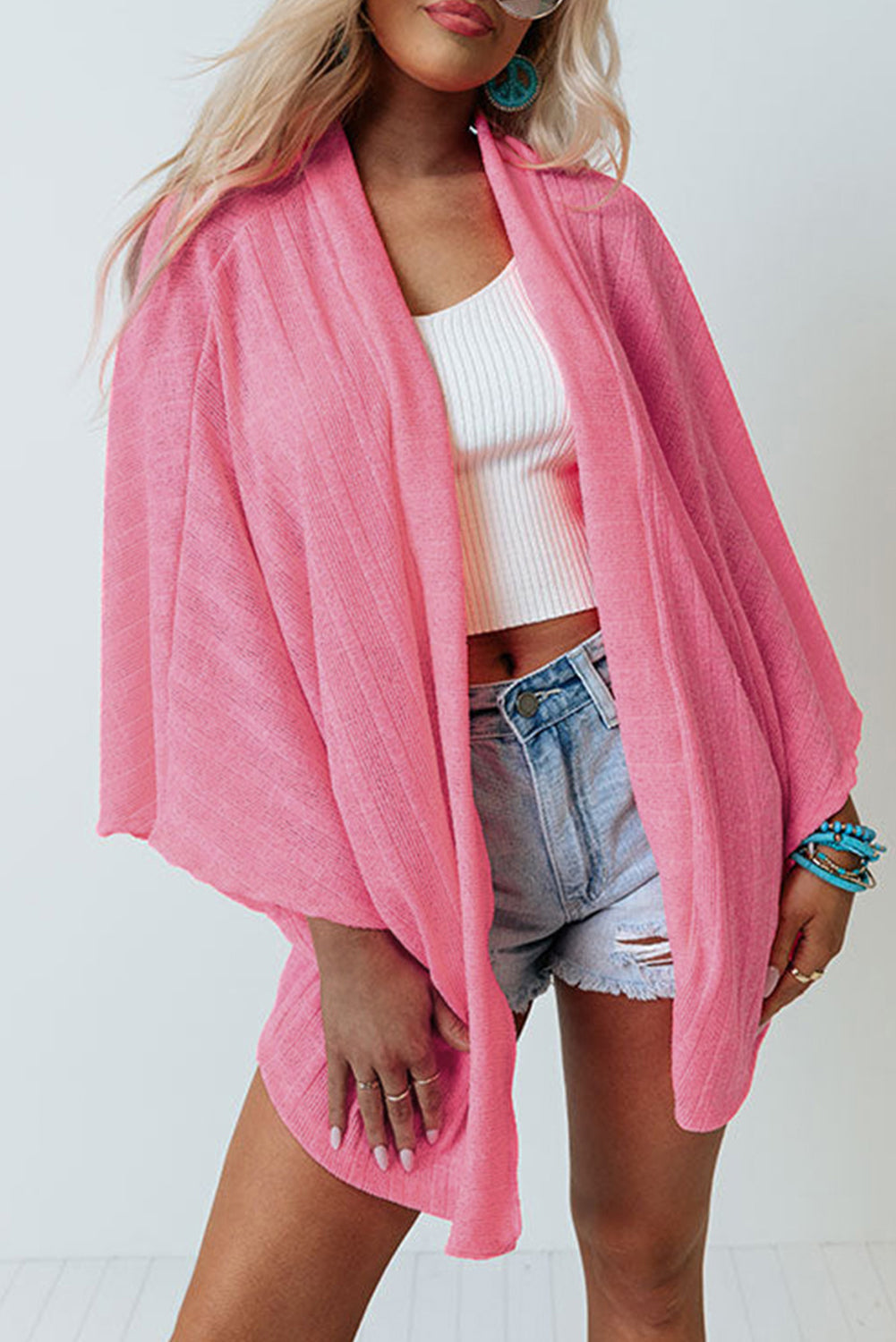Pink Open Front Kimono Sleeves Knit Cardigan