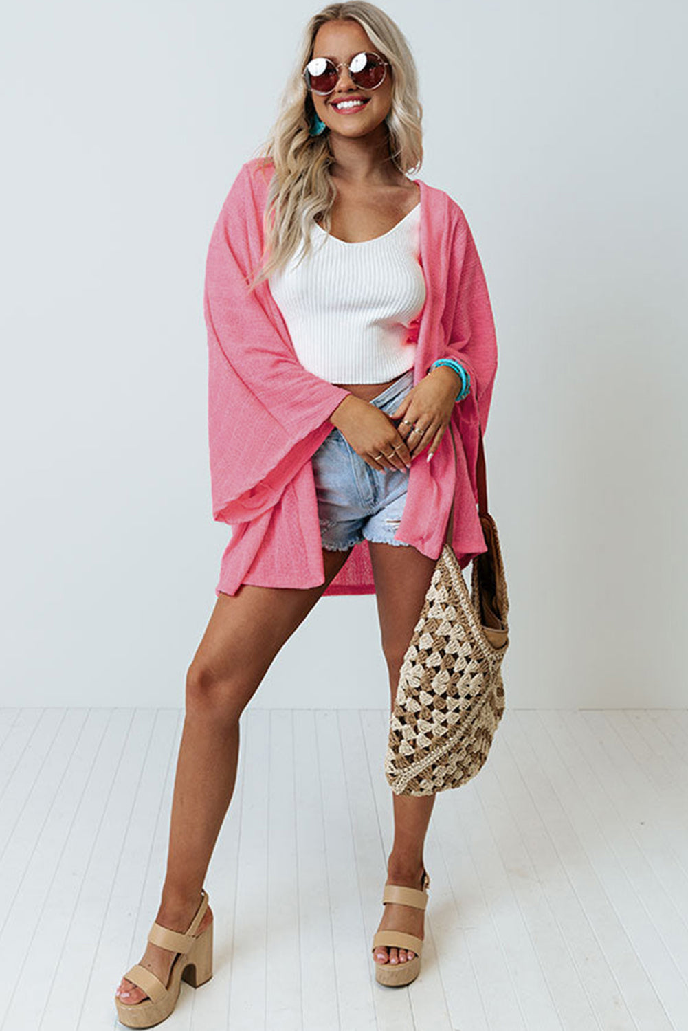 Pink Open Front Kimono Sleeves Knit Cardigan