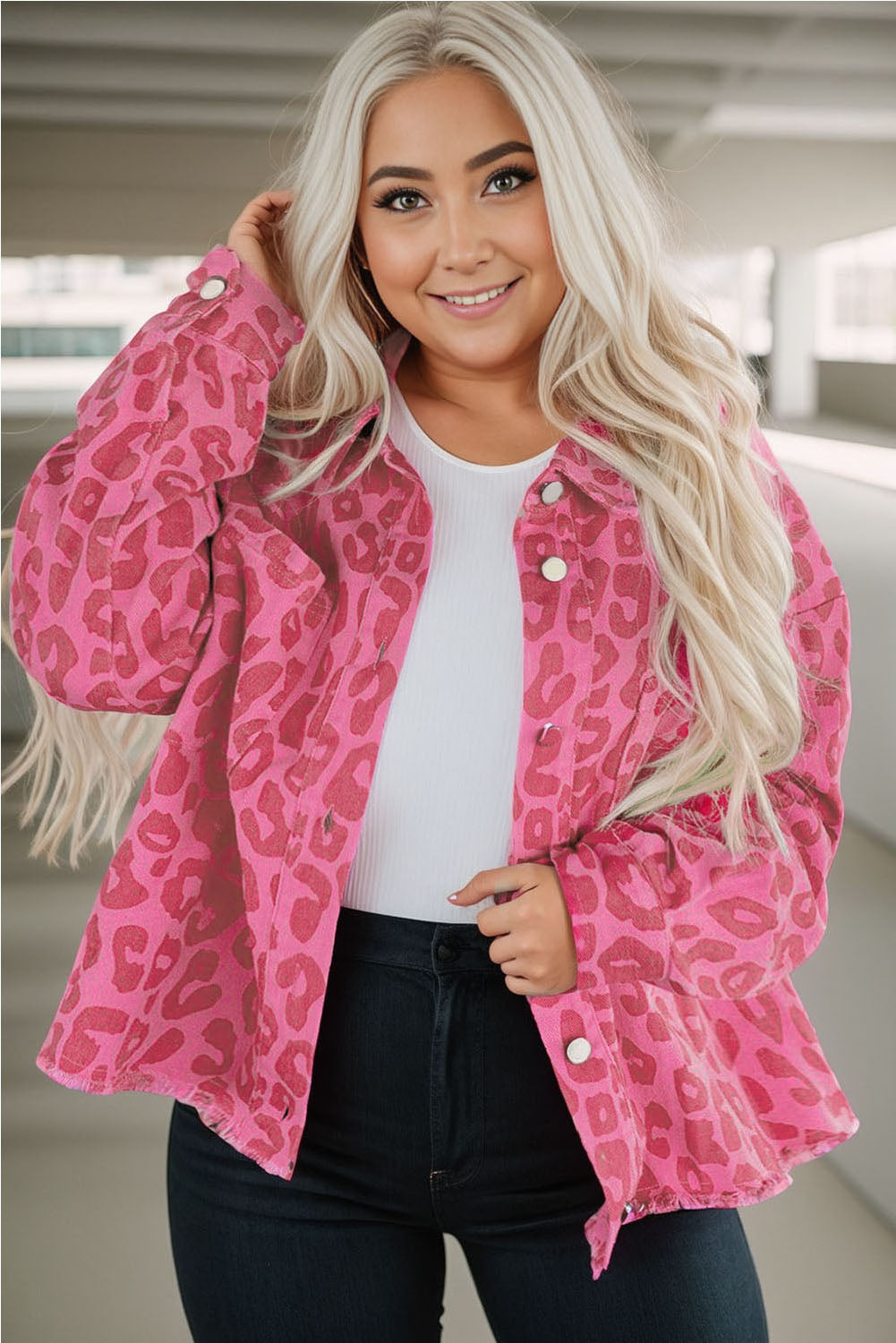 Pink Plus Size Leopard Print Button Cuffs Raw Hem Jacket