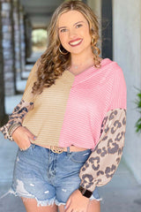Pink Plus Size Leopard Sleeve Color Block Waffle Knit Top