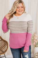 Pink Plus Size Striped Patchwork Knit Sweater