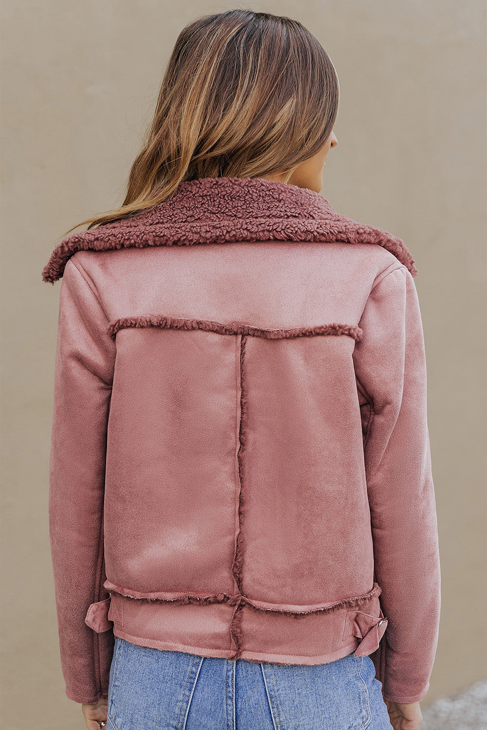 Pink Plush Lining Suede Cropped Double Breasted Coat