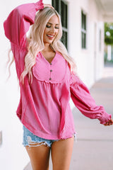 Pink Retro Frilled Seam Crinkle Puff Sleeve Blouse