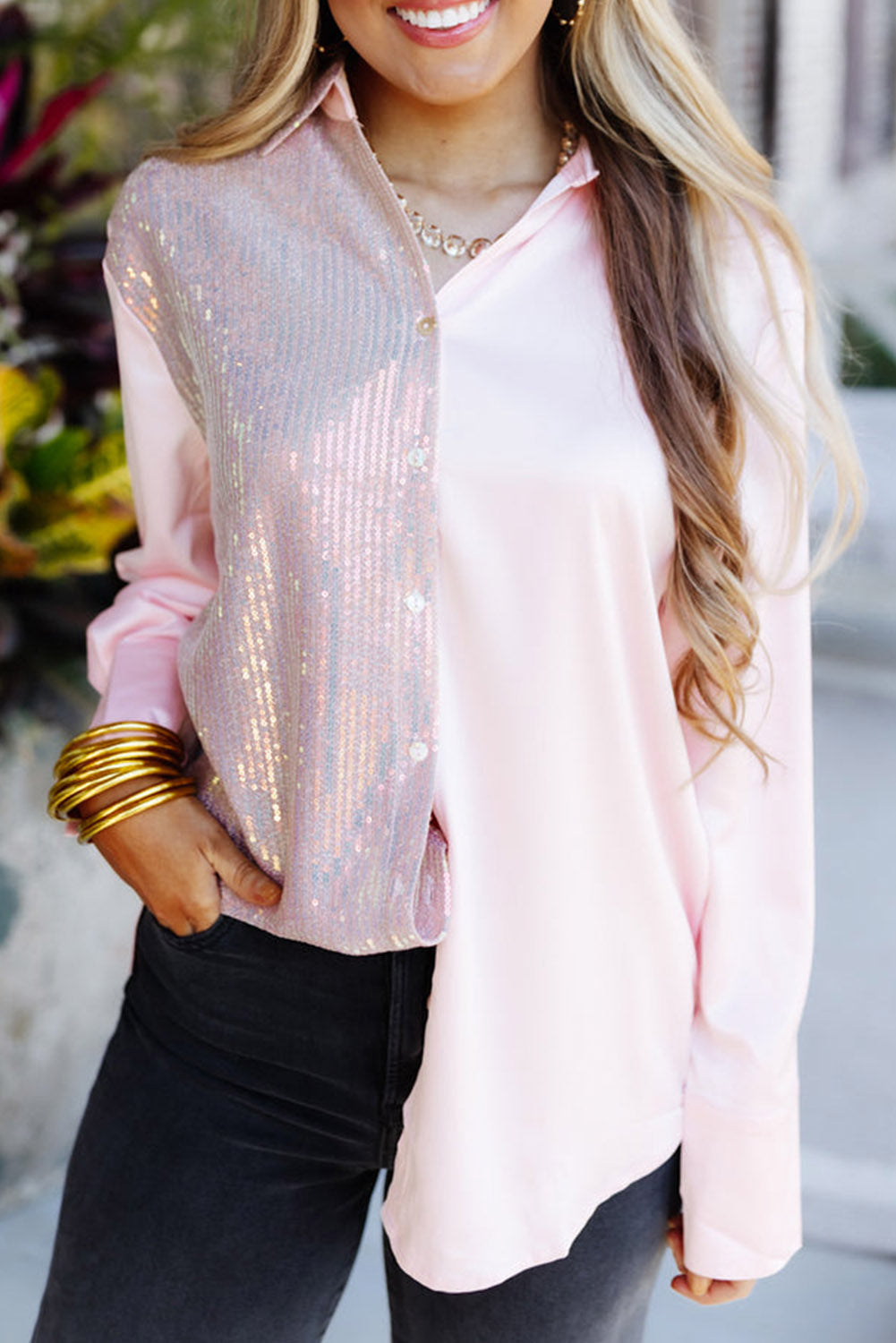 Pink Sequin Contrast Long Sleeve Shirt
