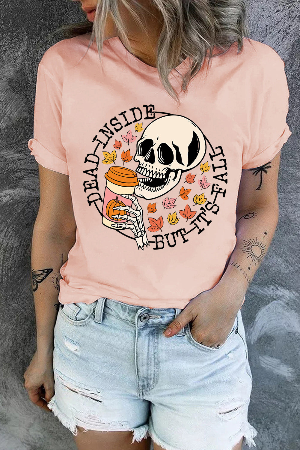 Pink Skull Pumpkin Coffee Fall Maple Leaf T-Shirts