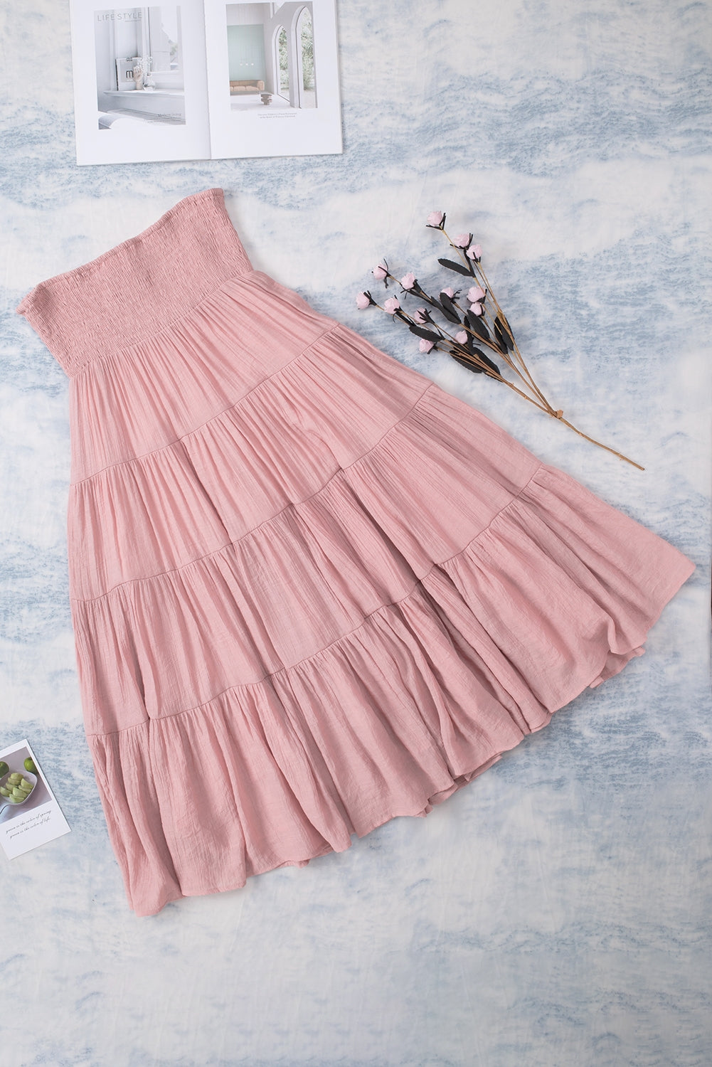 Pink Smocked High Waist Tiered Maxi Skirt