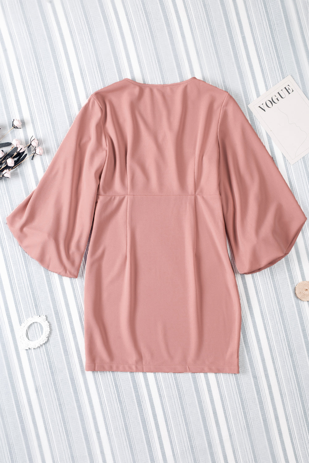 Pink Solid Color V-Neck High Waist Dress