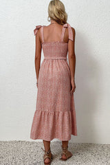 Pink Spotted Tie Shoulder Straps Ruffle Dress