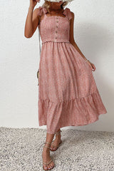 Pink Spotted Tie Shoulder Straps Ruffle Dress