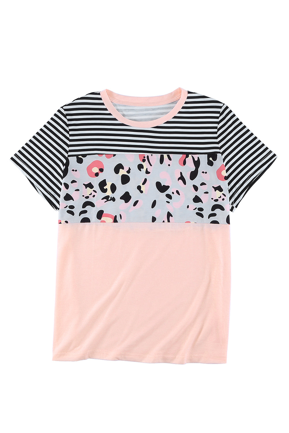 Pink Stripes Leopard Colorblock Plus Size Short Sleeve Top